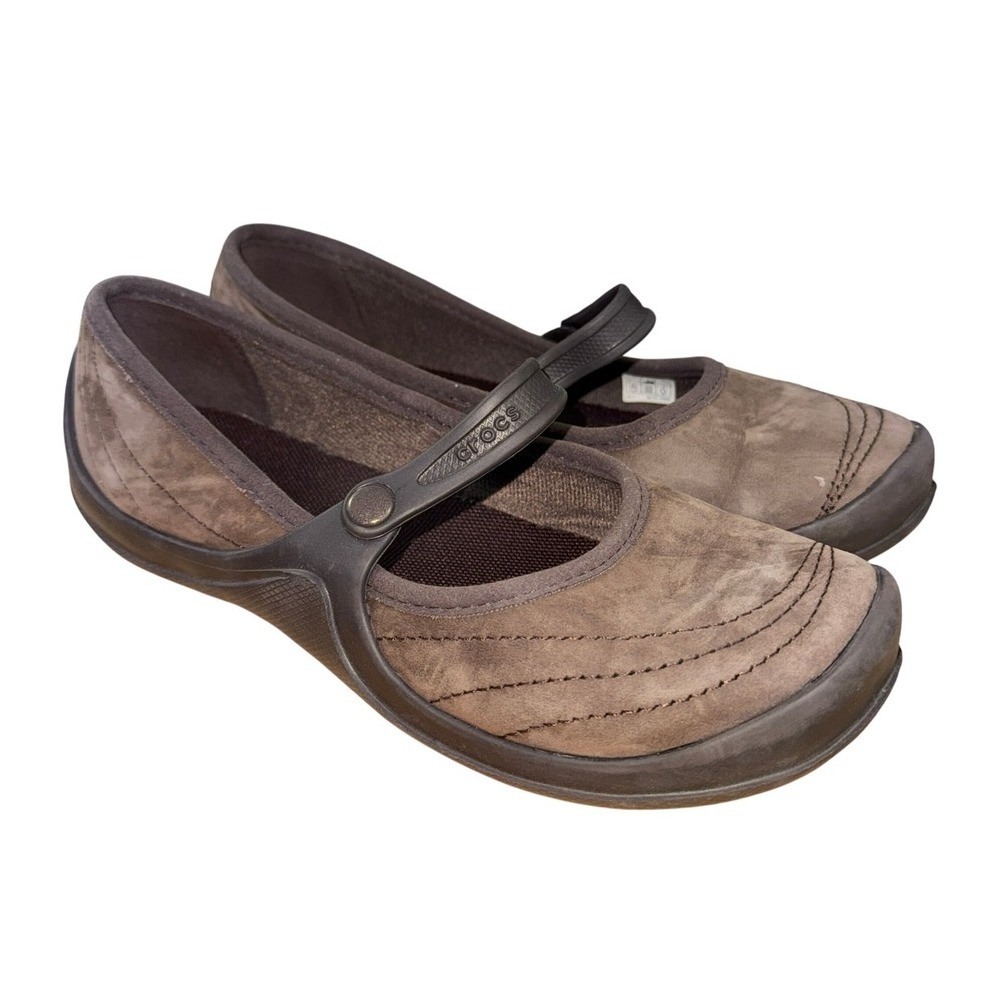 Crocs Mary Jane Flats Womens 8 Pre-Owned Shoe Brown Nubuck Leather SlipOn Travel